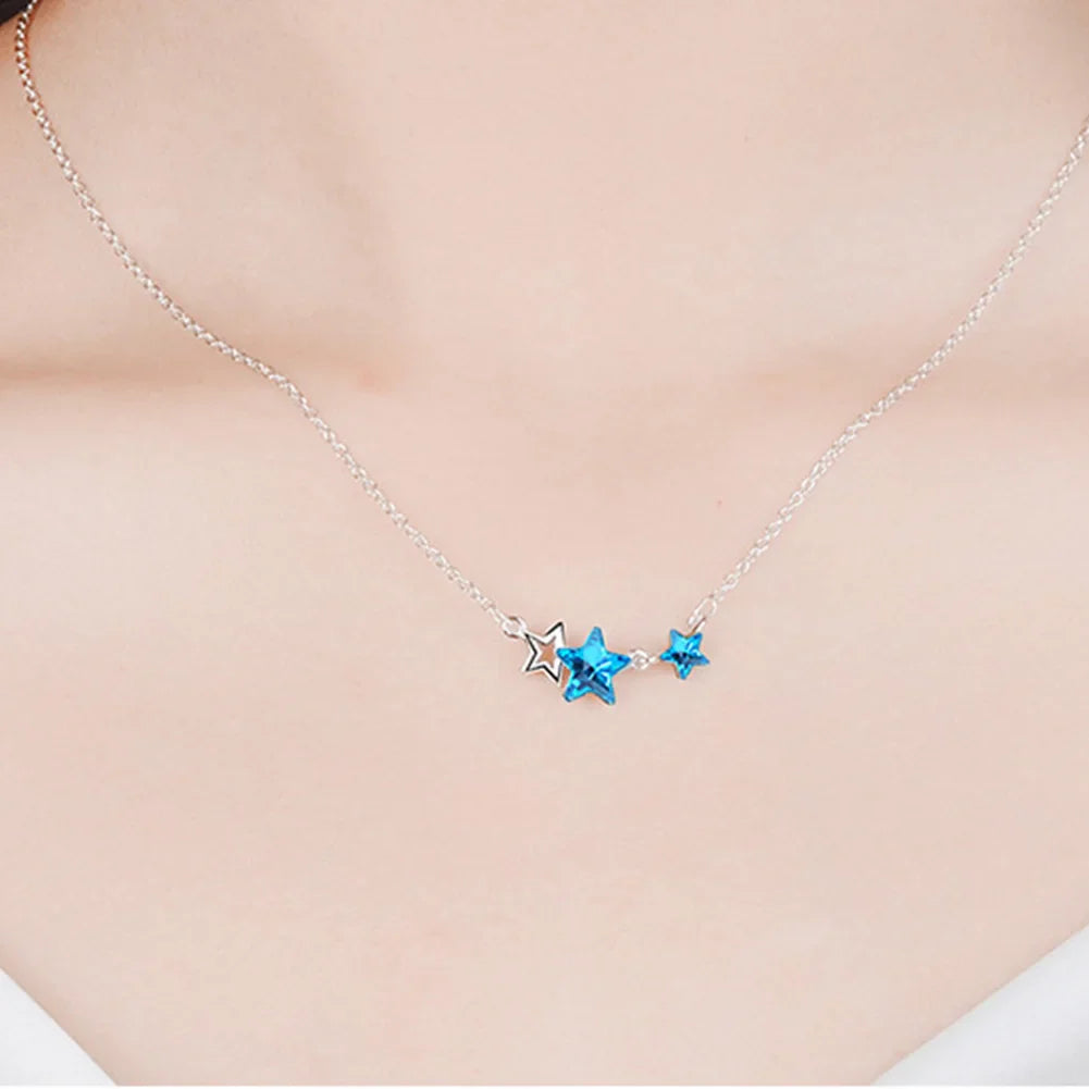 925er Sterlingsilber Halskette mit blauem Stern Kristall Anhänger - Partyschmuck
