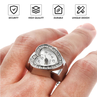 Vintage Herz Ringuhr für Damen – Retro Quarz Fingeruhr mit elastischem Armband