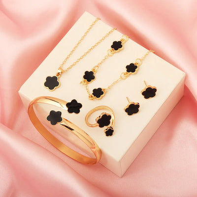 Glücksblumen Schmuckset 4-teilig - Halskette Armband Ring Ohrringe in verschiedenen Farben
