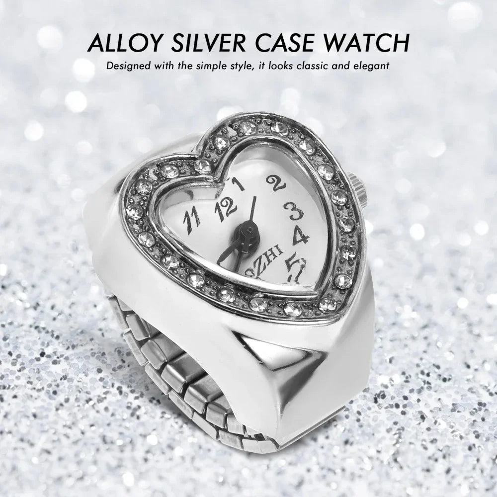 Vintage Herz Ringuhr für Damen – Retro Quarz Fingeruhr mit elastischem Armband