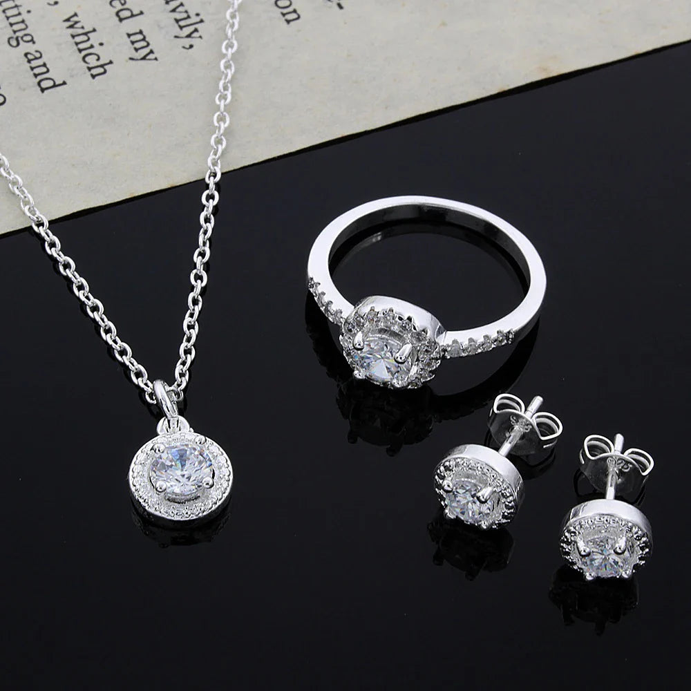 925 Sterling Silber Schmuckset mit Kristall Zirkonia - Halskette, Ohrringe und Ring für Damen
