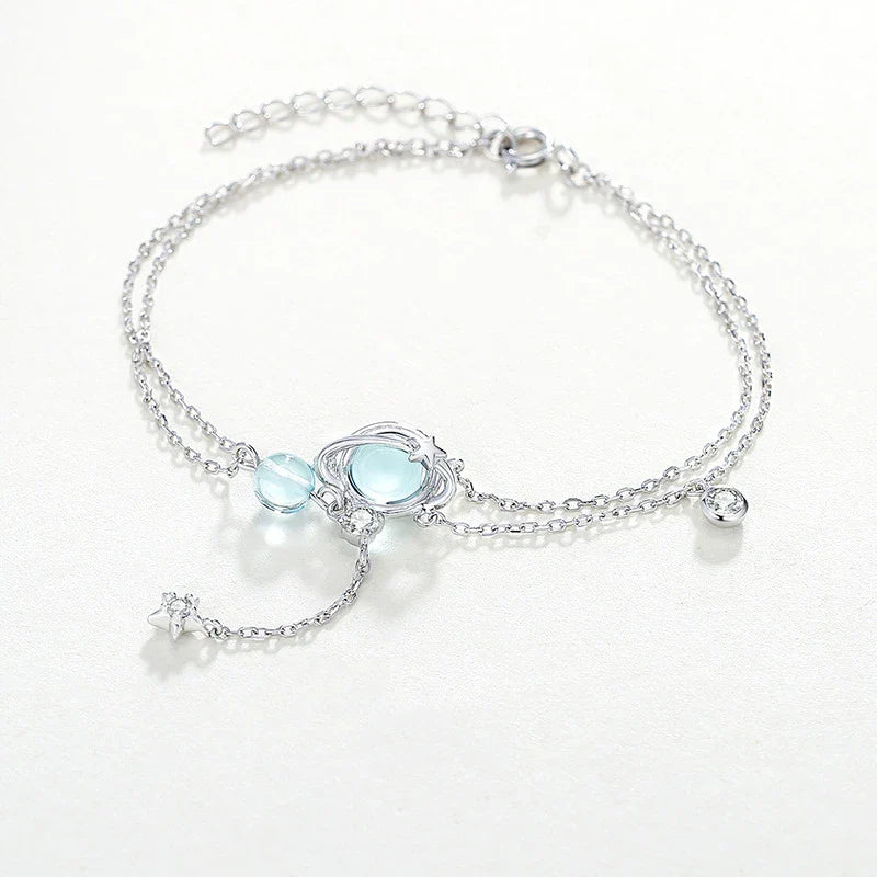 Elegantes Doppelarmband mit Aquamarin Kristallen aus 925 Sterling Silber
