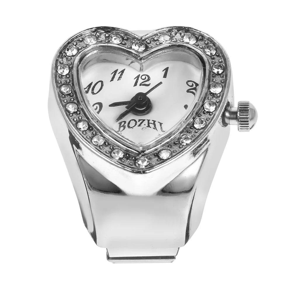 Vintage Herz Ringuhr für Damen – Retro Quarz Fingeruhr mit elastischem Armband